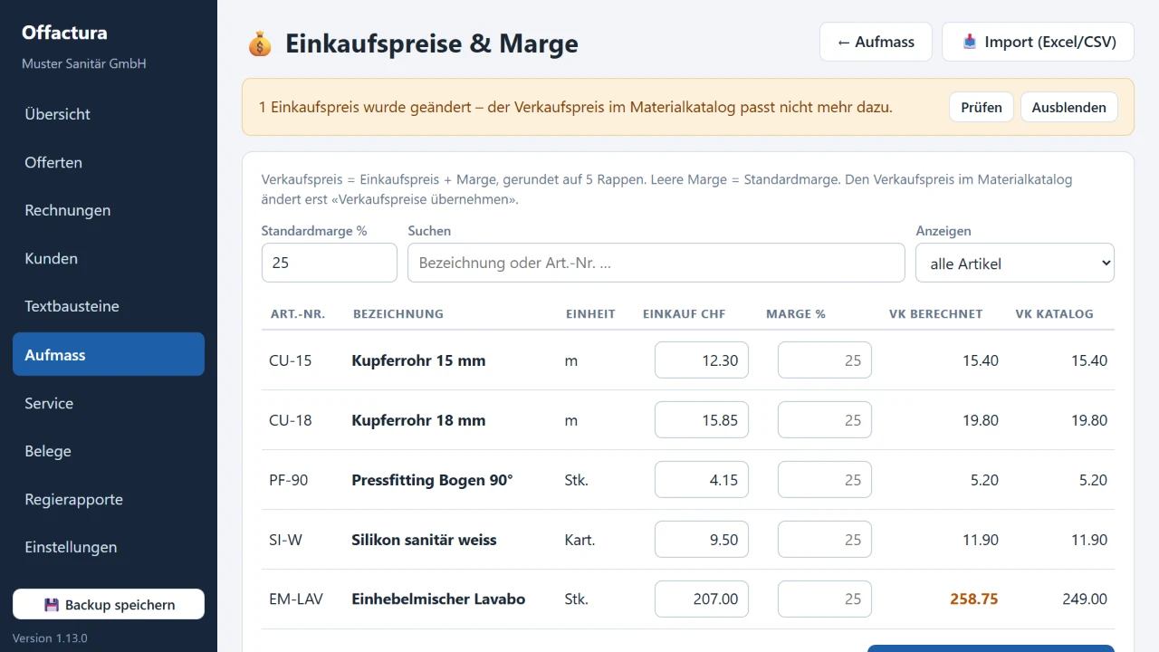 Einkaufspreise und Marge in Offactura Mesura