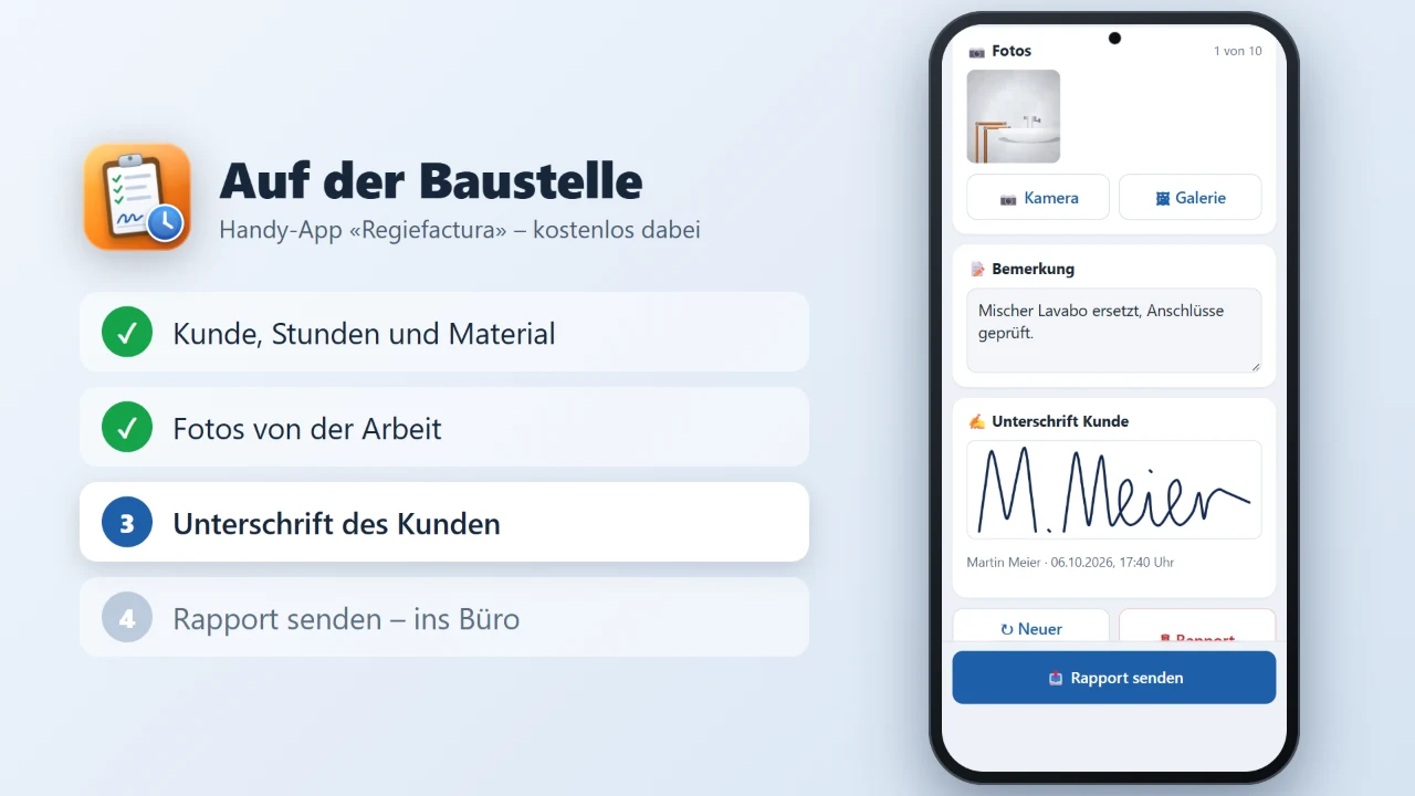Handy-App für Regierapporte mit Unterschrift – Offactura Regiefactura